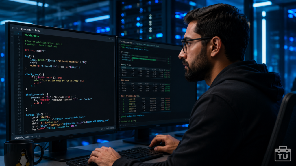 A stressed Linux sysadmin analyzing automated system alerts and server terminal errors on multiple monitors in a dark tech home office setup at night.