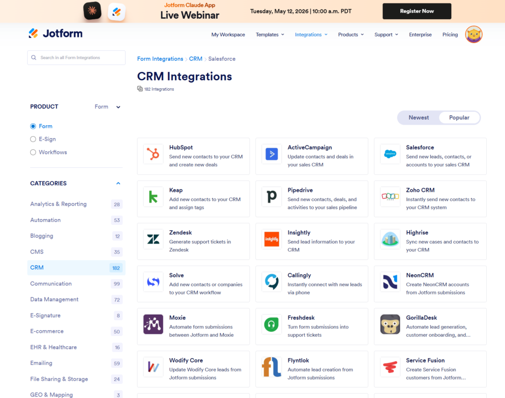 JotForm integrations 2026