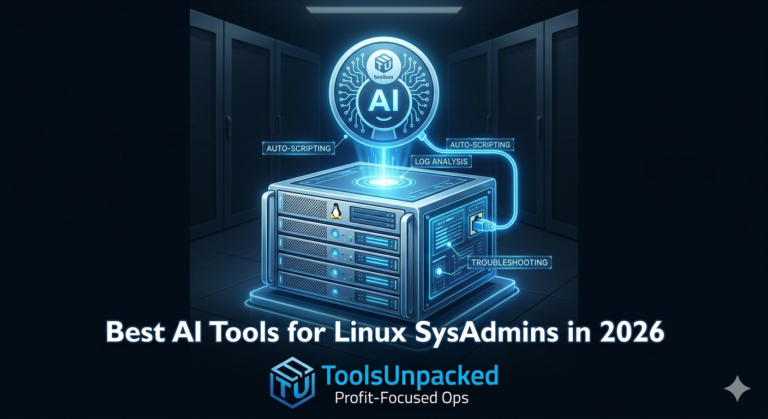 A rack-mounted Linux server in a dark data center illuminated by a glowing electric blue AI hologram featuring the ToolsUnpacked TU toolbox logo. Holographic text labels indicate features for Auto-Scripting, Log Analysis, and Troubleshooting, with the article title "Best AI Tools for Linux SysAdmins in 2026" displayed at the bottom.